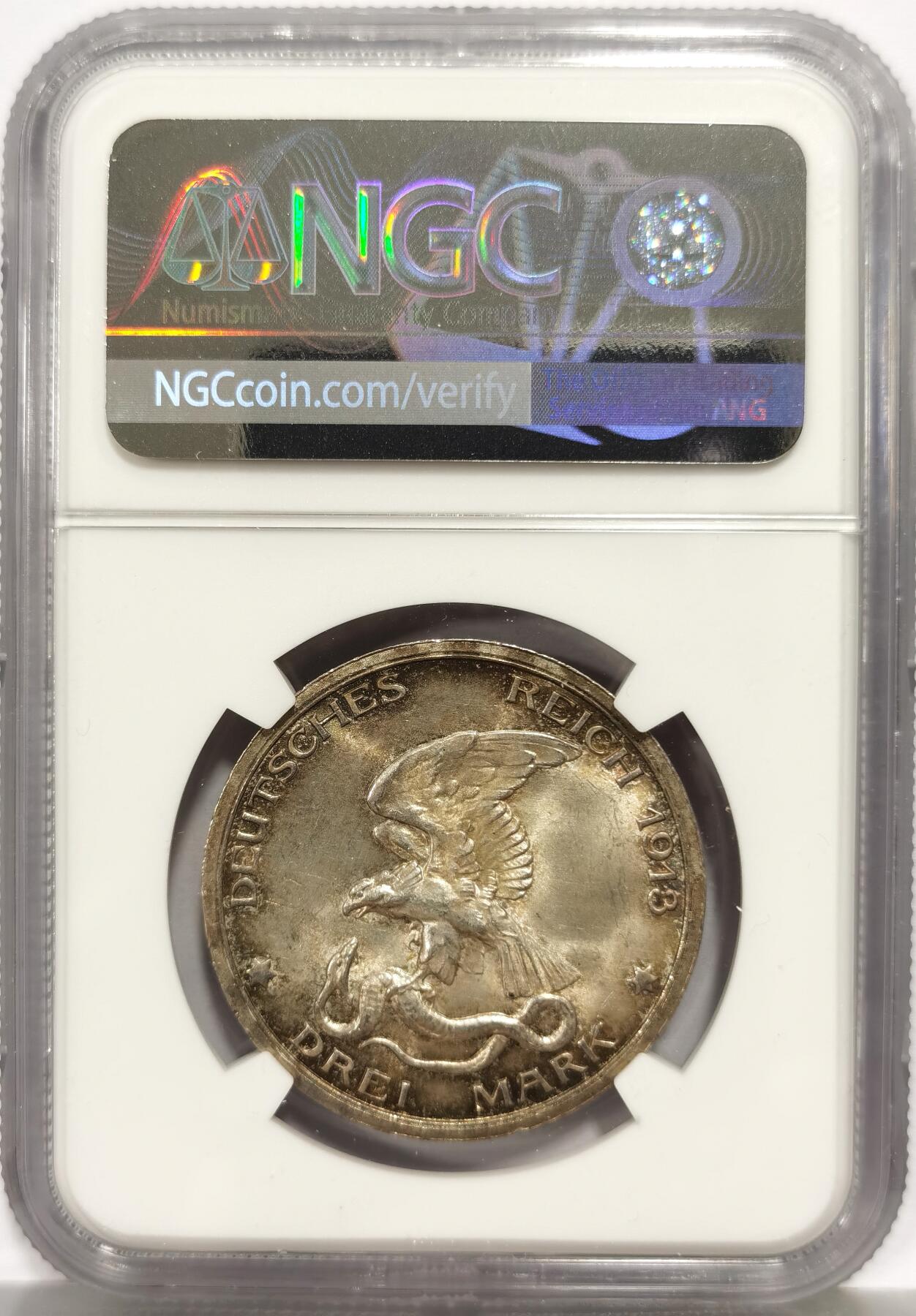 博洋堂“芳菲春韵”3月精品大拍专场暨第166期（全场包邮） NGC MS64 德国普鲁士1913年战胜拿破仑纪念3马克银币 自然彩高转光