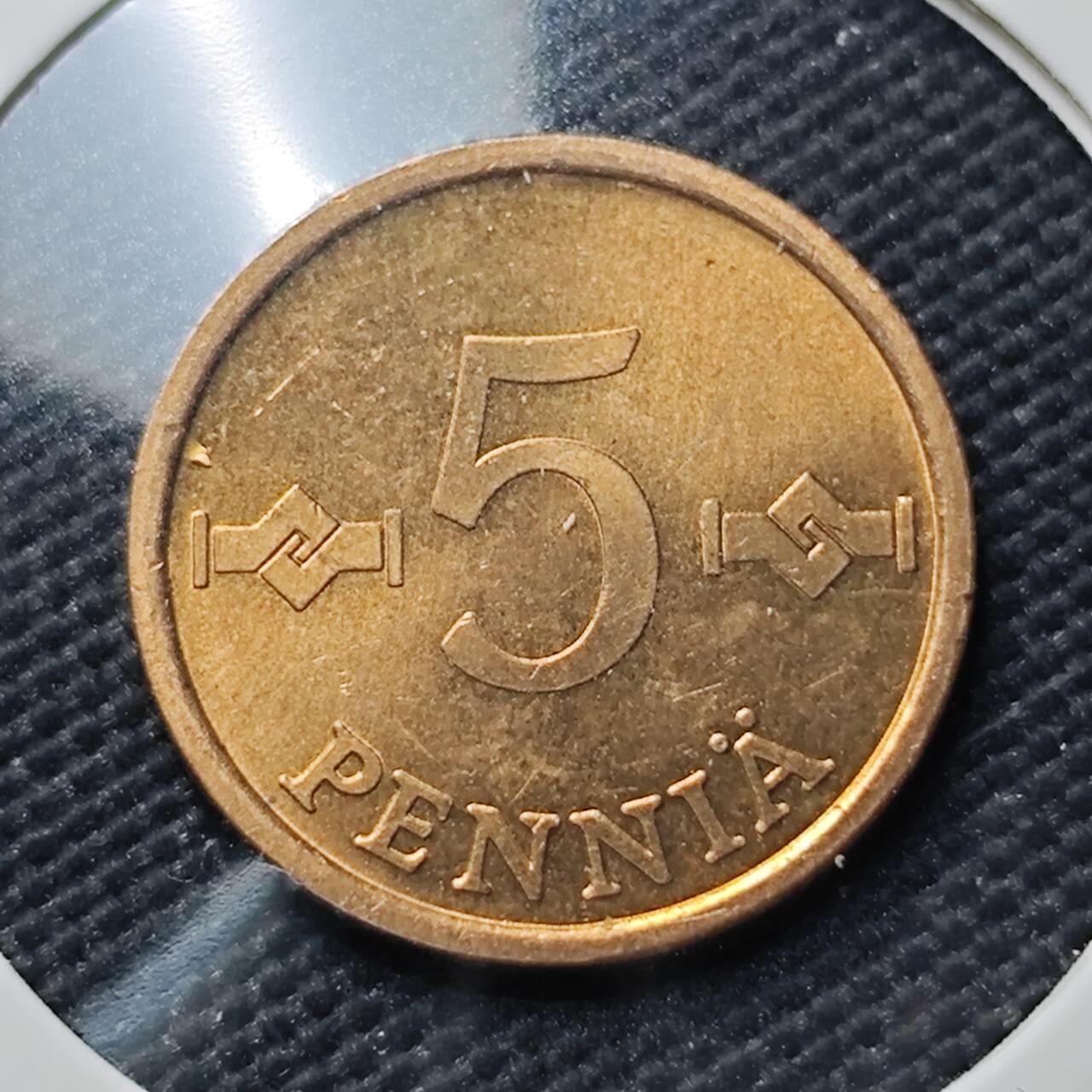 KK钱币收藏小铺  第406期 2月预留时间 周末发货  1973芬兰5芬尼铜币 好品