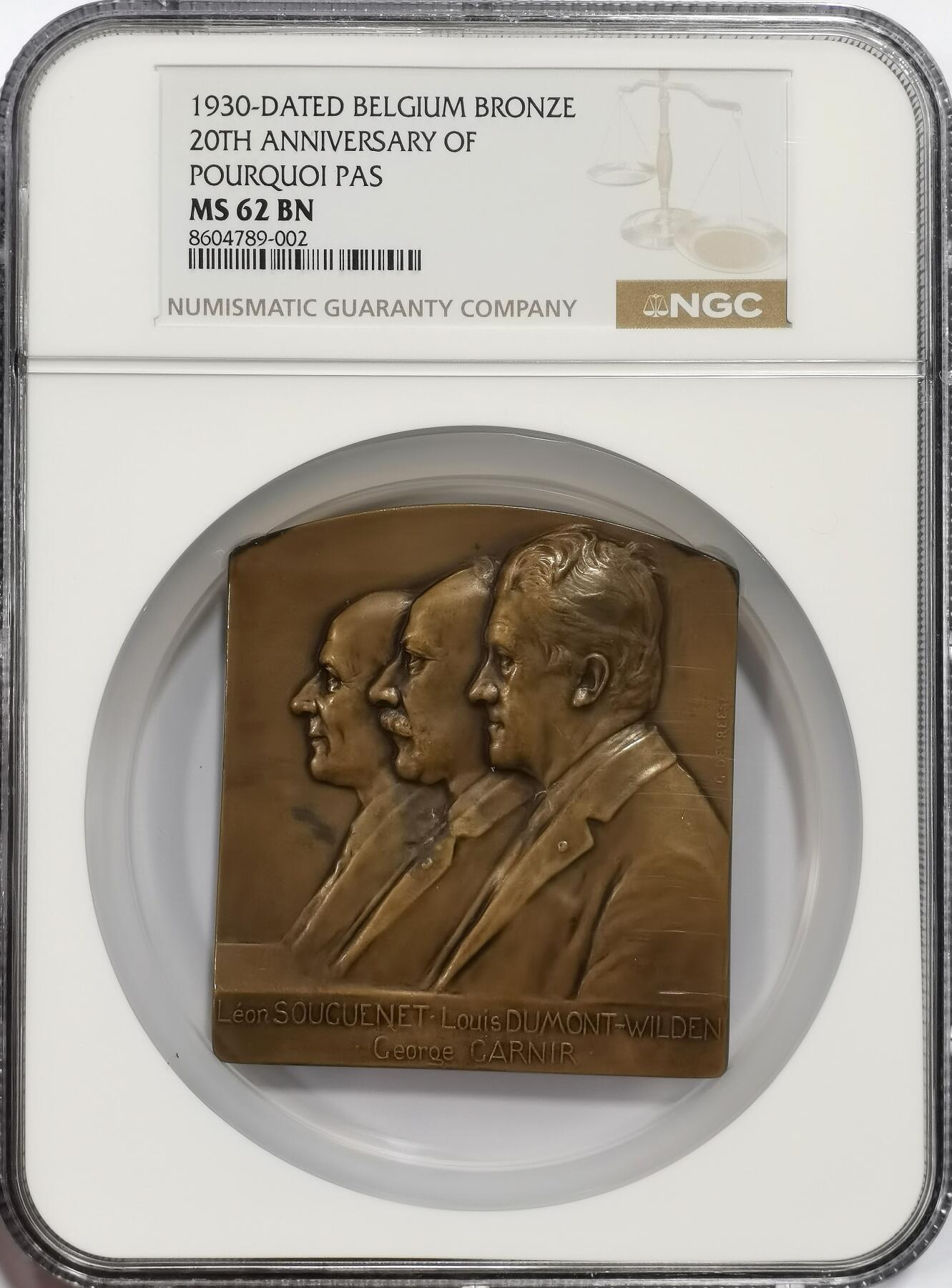 博洋堂“芳菲春韵”3月精品大拍专场暨第166期（全场包邮） NGC MS62BN 比利时1930年“为什么不行？”号在南极探险20周年纪念大铜章，让-巴蒂斯特·夏古是法国著名的极地探险家，1910年，他指挥的“为什么不行？”号首次抵达南极半岛，开启了法国在南极的探险时代