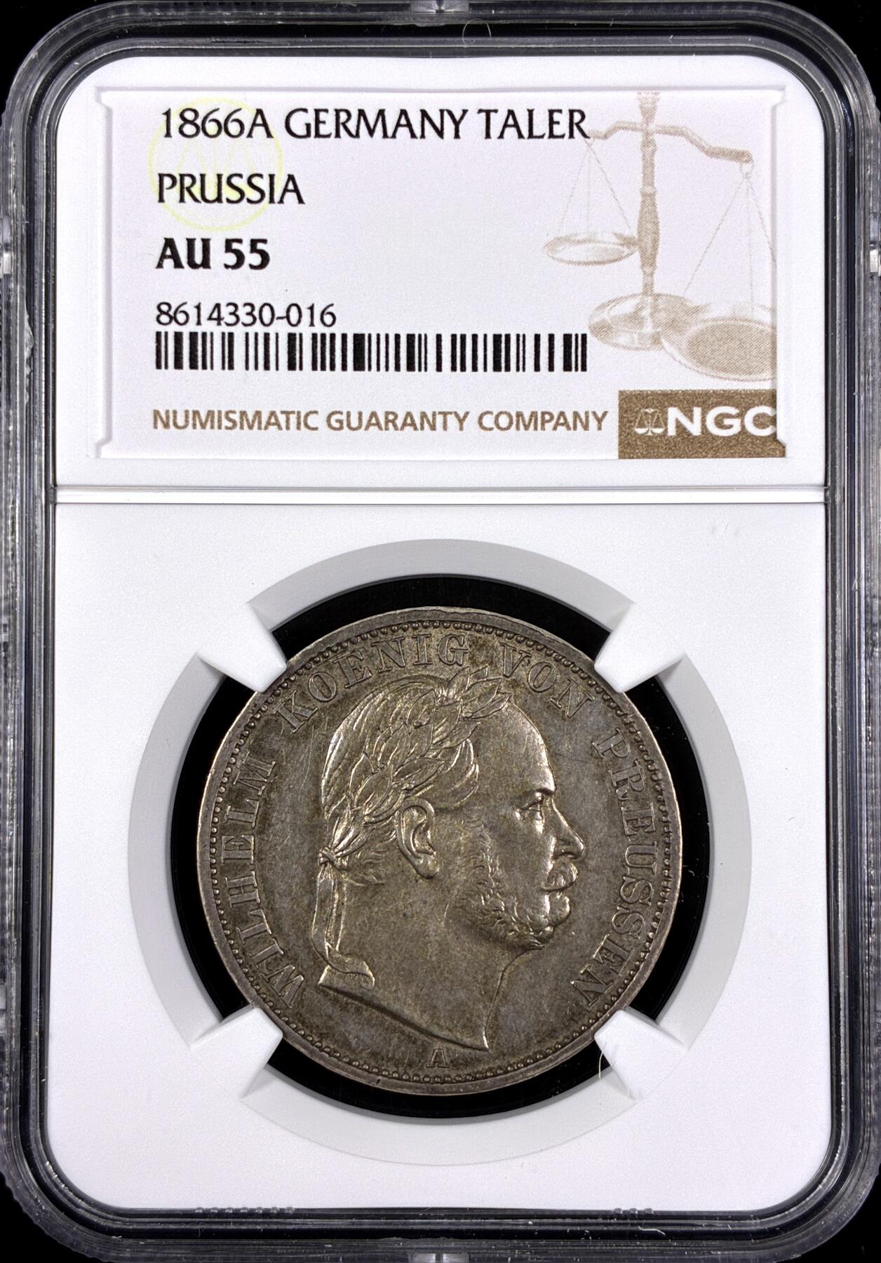 【雨安】【直播拍卖】【第0130期-评级币章】2026-03-28 周六 19:30 (金价981.33, 银价17.11) [评级德国] Germany 德国 德意志 1泰勒 Prussia普鲁士 Thun.271 KM#0497 (1866) 威廉一世.普奥战争.桂冠 1866年  NGC-AU55 原味欧洲淡美包浆