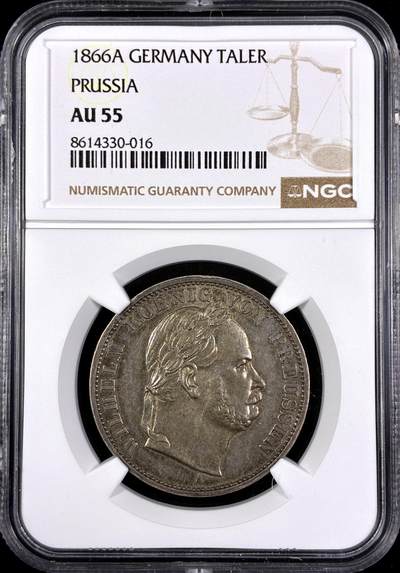 【雨安】【直播拍卖】【第0130期-评级币章】2026-03-28 周六 19:30 (金价981.33, 银价17.11) - [评级德国] Germany 德国 德意志 1泰勒 Prussia普鲁士 Thun.271 KM#0497 (1866) 威廉一世.普奥战争.桂冠 1866年  NGC-AU55 原味欧洲淡美包浆