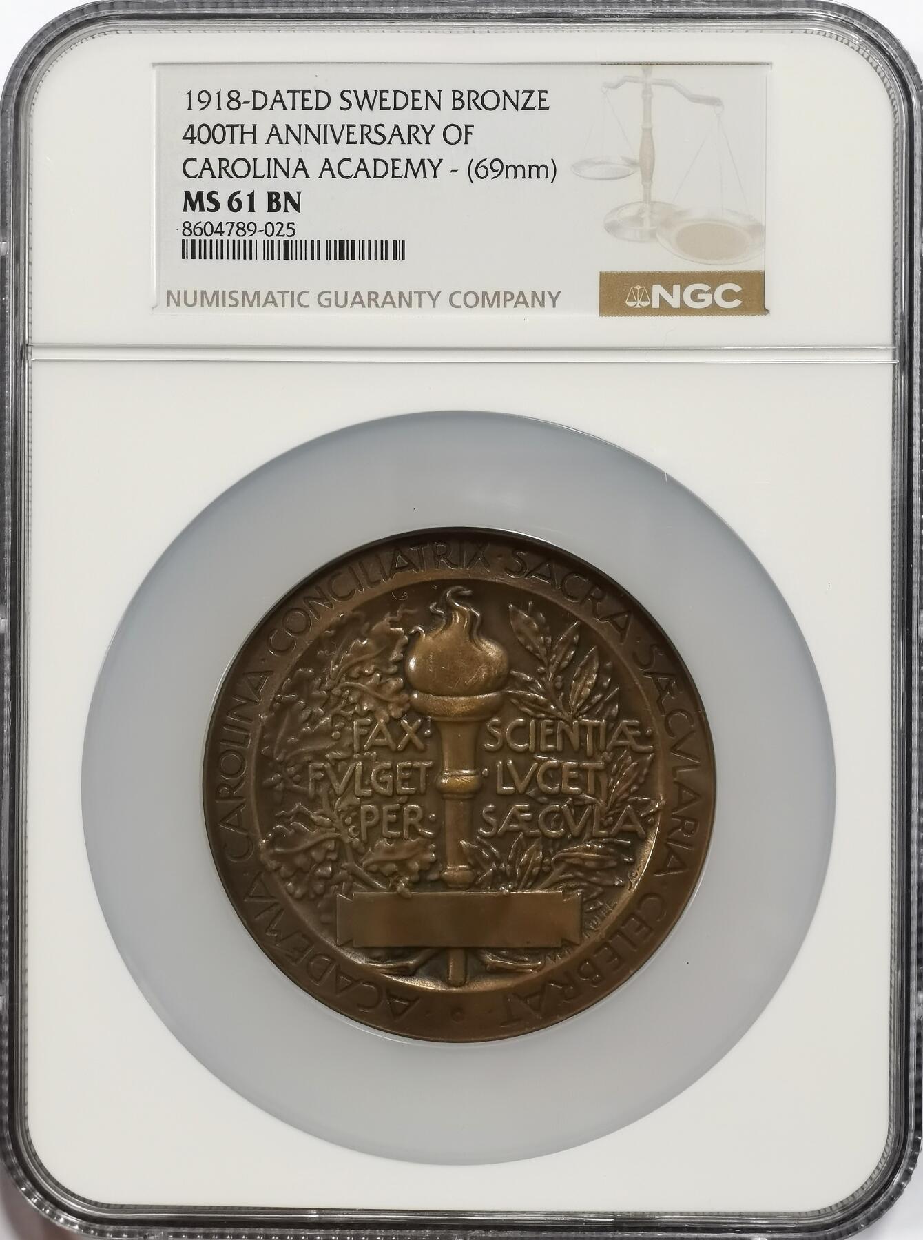 博洋堂“芳菲春韵”3月精品大拍专场暨第166期（全场包邮） NGC MS61BN 瑞典1918年卡罗琳学院成立400周年纪念大铜章，69mm大尺寸，背面极致繁复华丽