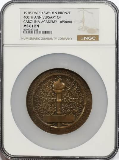 博洋堂“芳菲春韵”3月精品大拍专场暨第166期（全场包邮） - NGC MS61BN 瑞典1918年卡罗琳学院成立400周年纪念大铜章，69mm大尺寸，背面极致繁复华丽