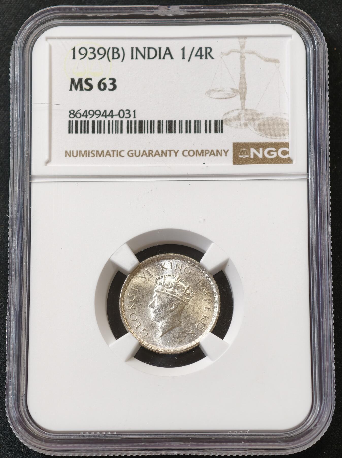 甄臻铺-世界币章拍卖（第56期），送拍享返佣金等优惠多多 NGC-MS63 1939年英属印度乔治六世1/4卢比