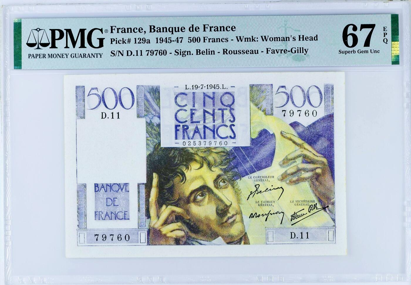 【Blue Auction】世界纸币精拍第799期——18级TOP拍卖/信誉/品质/专业/高效💫  【仅1张更高分】法国 1945年500法郎 夏多布里昂 PMG67EPQ 高分