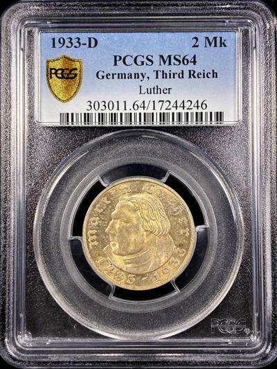 【雨安】【直播拍卖】【第0130期-评级币章】2026-03-28 周六 19:30 (金价981.33, 银价17.11) - [评级德国] Germany 德国 第三帝国 2马克 1933年 马丁路德  PCGS-MS64
