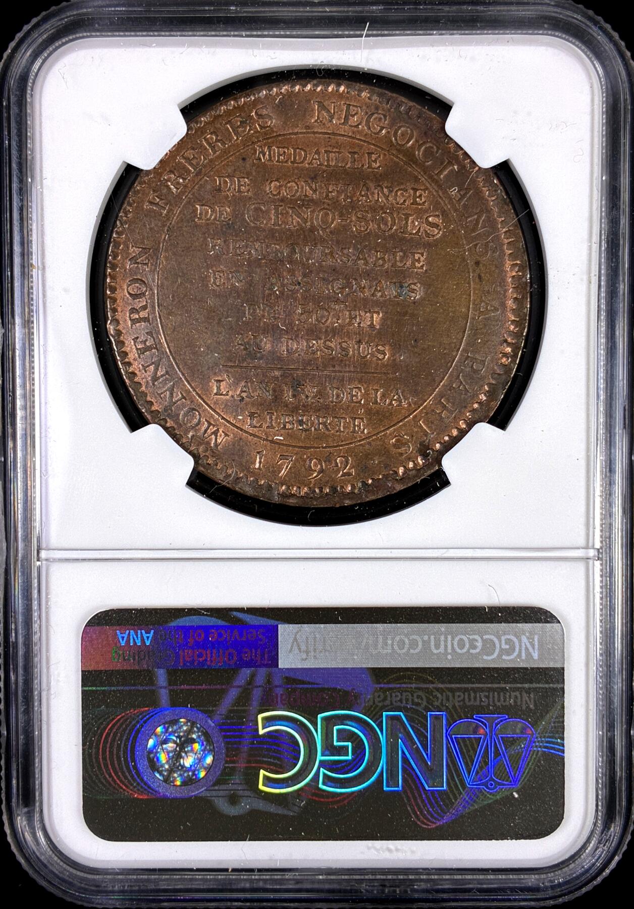 【雨安】【直播拍卖】【第0130期-评级币章】2026-03-28 周六 19:30 (金价981.33, 银价17.11) [评级法国] France 法国 Token 5索尔 KM# Tn31 1792年 大革命莫奈龙  NGC-UNC