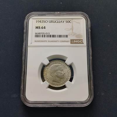 【全场包邮】纯粹捡漏拍515场 - 乌拉圭1943年50分银币【24毫米7克72%】-NGC MS64