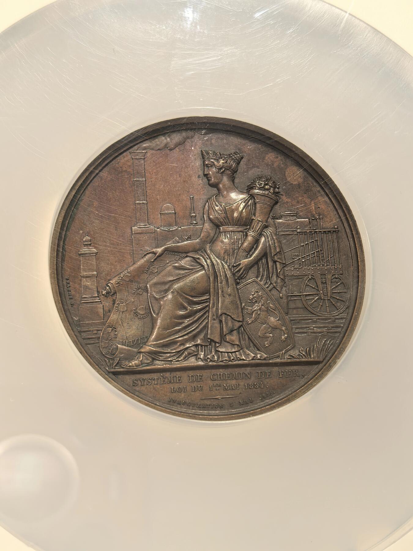 博洋堂“芳菲春韵”3月精品大拍专场暨第166期（全场包邮） NGC MS62BN 比利时1835年《铁路系统法》颁布及首条铁路开通纪念大铜章，50mm