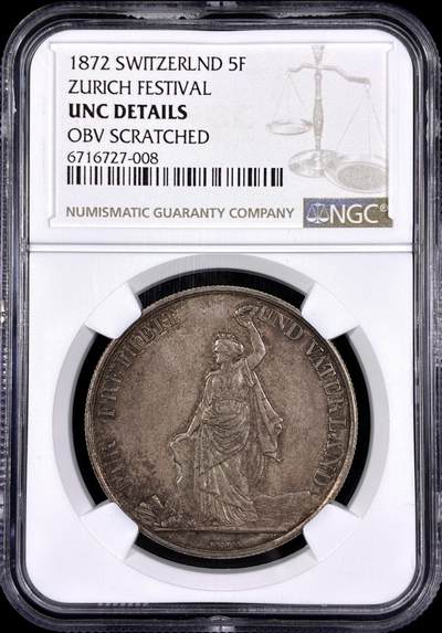 【雨安】【直播拍卖】【第0130期-评级币章】2026-03-28 周六 19:30 (金价981.33, 银价17.11) - [评级欧洲] Switzerland 瑞士 射击节 5法郎 1872年 X# S11 苏黎世  NGC-UNC