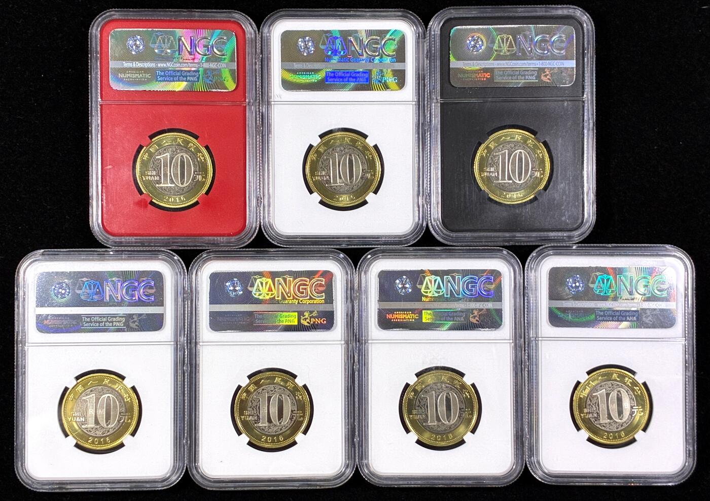 【雨安】【直播拍卖】【第0130期-评级币章】2026-03-28 周六 19:30 (金价981.33, 银价17.11) [评级中国] [中国现代纪念] 2016年 10元 生肖猴 7种NGC不同标签, 中英文版的首期.早期.特标, 非常有趣的藏品