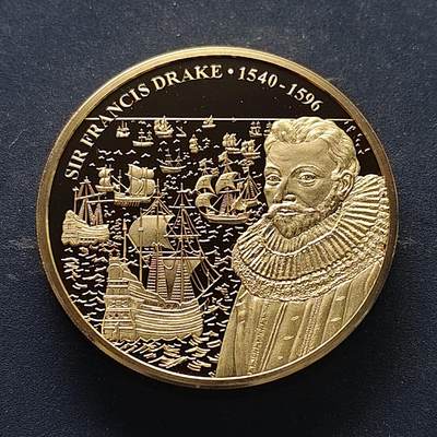 【全场包邮】纯粹捡漏拍515场 - 库克群岛2019年1元英国统帅系列击败西班牙无敌舰队弗朗西斯·德雷克爵士精制镀金加厚50克纪念币