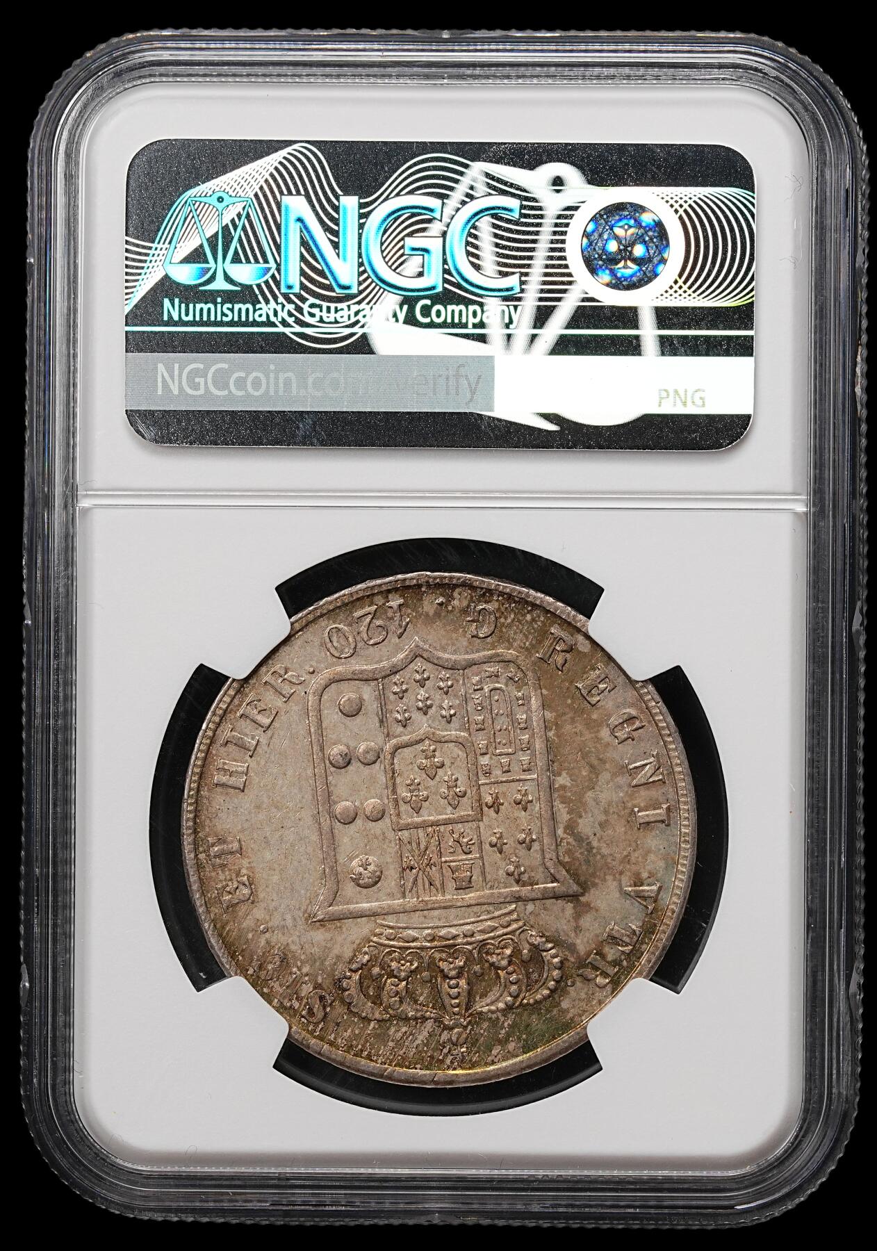 修遠堂世界钱币第109期 NGC AU58 1857年那不勒斯-西西里王国120 Grana大银币，五彩包浆