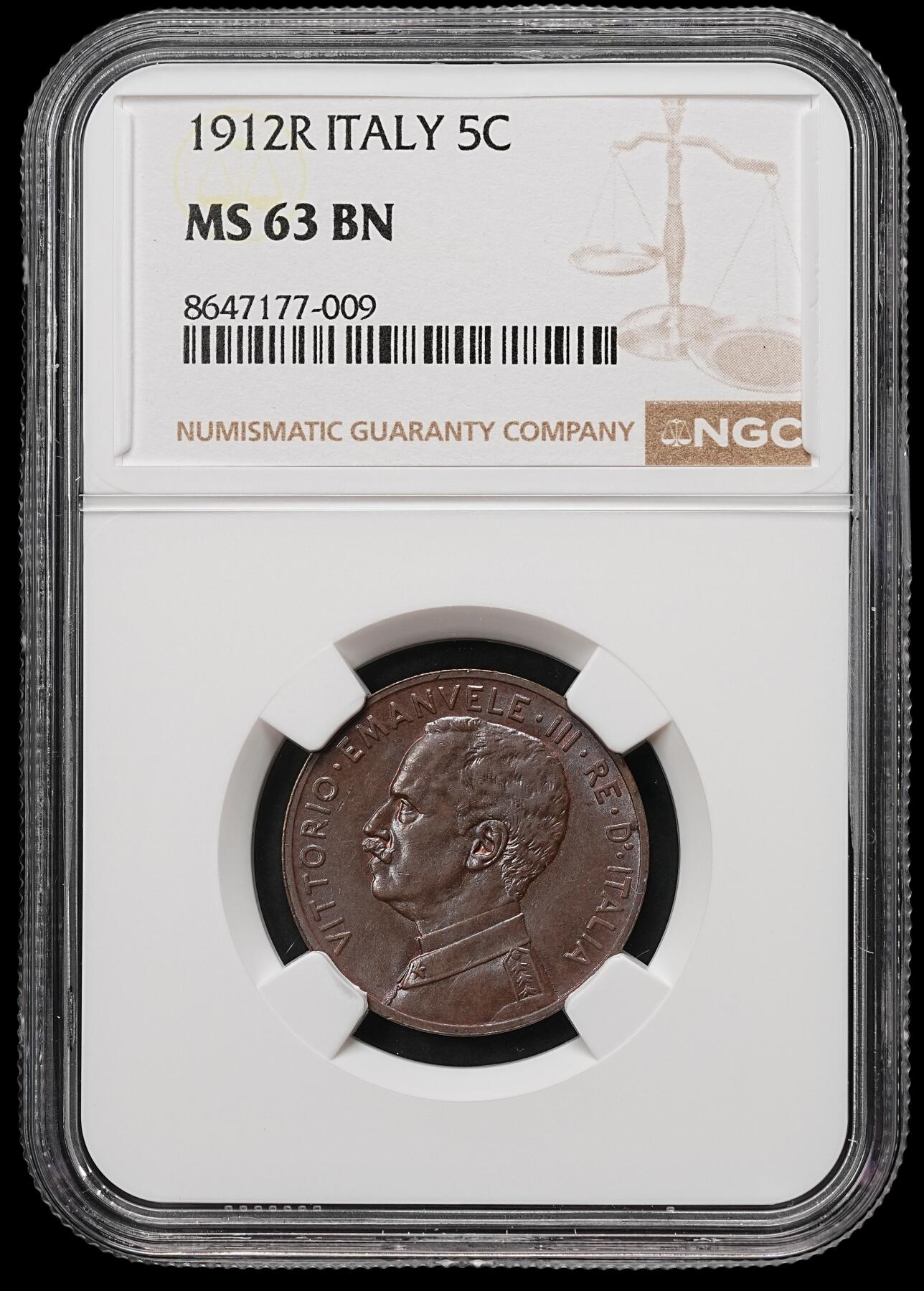 修遠堂世界钱币第109期 NGC MS63BN 1912年意大利5分铜币，稀少的年份，特年