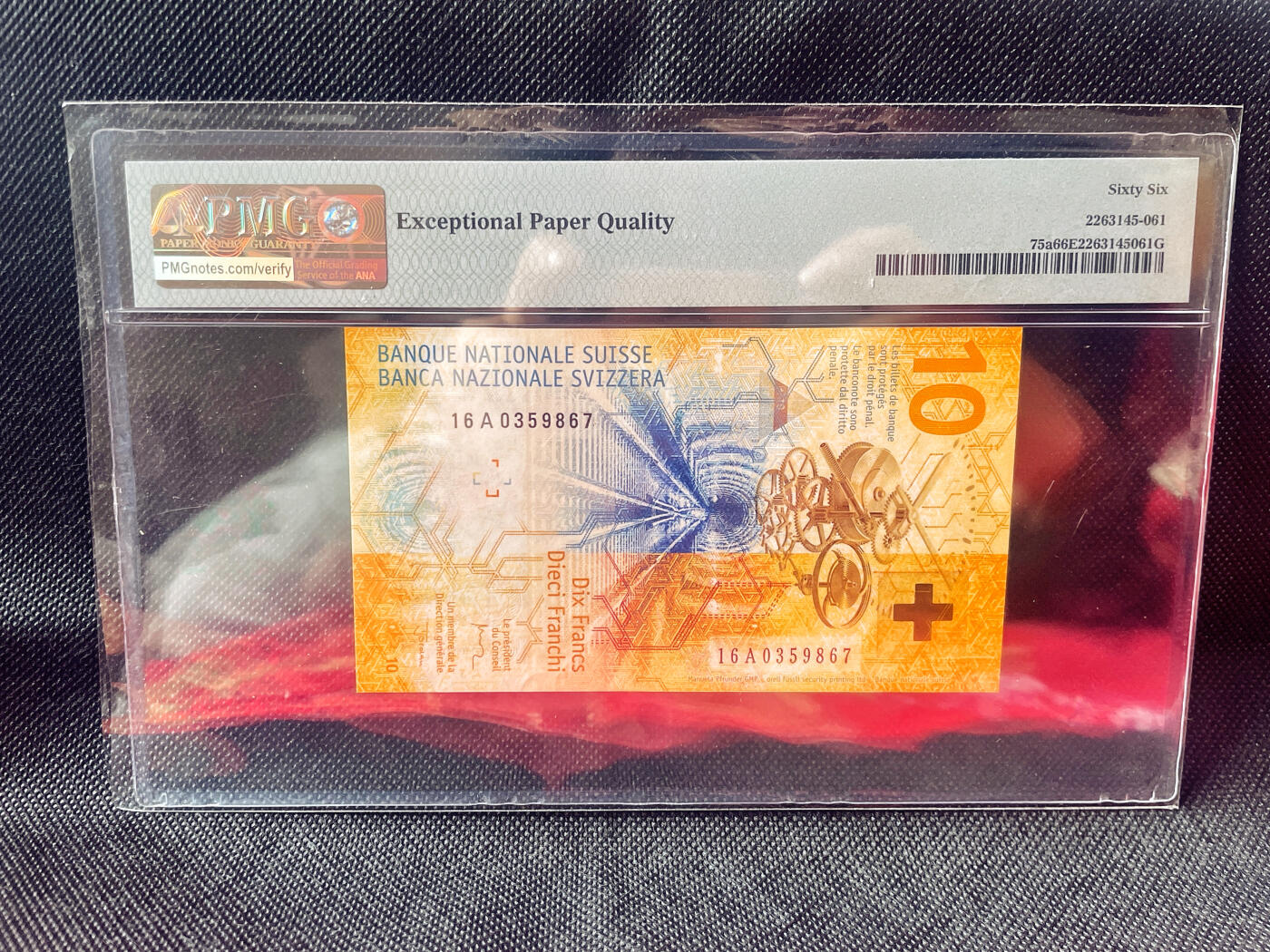 PMG66EPQ（乔丹首签16A首发冠 ）无4靓号 IBNS获奖钞 瑞士2016年10法郎纸币 谢绝还价