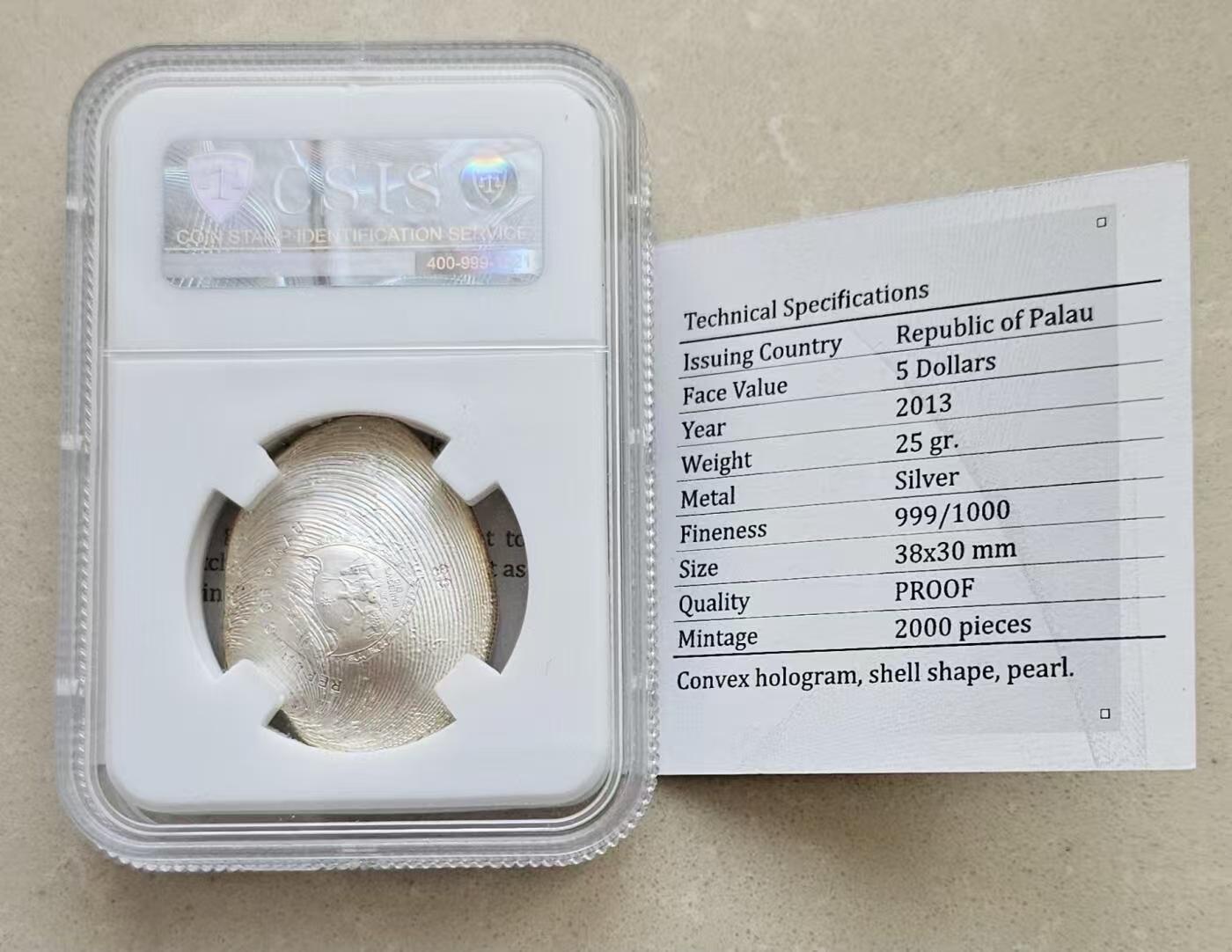 ❤️【币观天下】❤️ 第346期钱币拍卖场- 2026.3.27周五晚上6点半场 长期征集拍品  帕劳2013年玉蚌含珠幻彩珍珠镶嵌银币带证书信泰评级有氧化