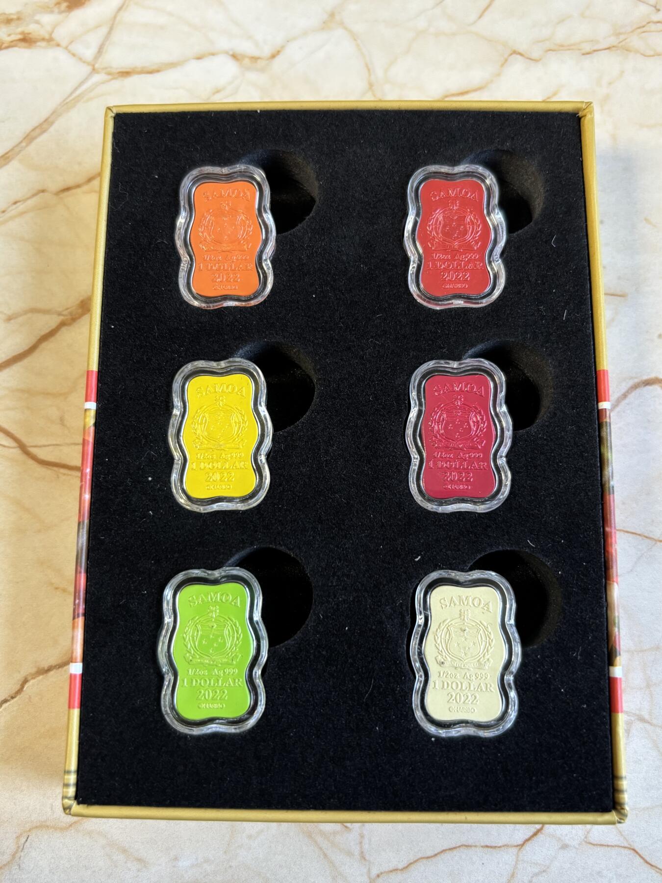 第195期拍卖 萨摩亚2022年哈瑞宝小熊软糖诞生百年彩银币6枚套，半盎司*6，发行5000套