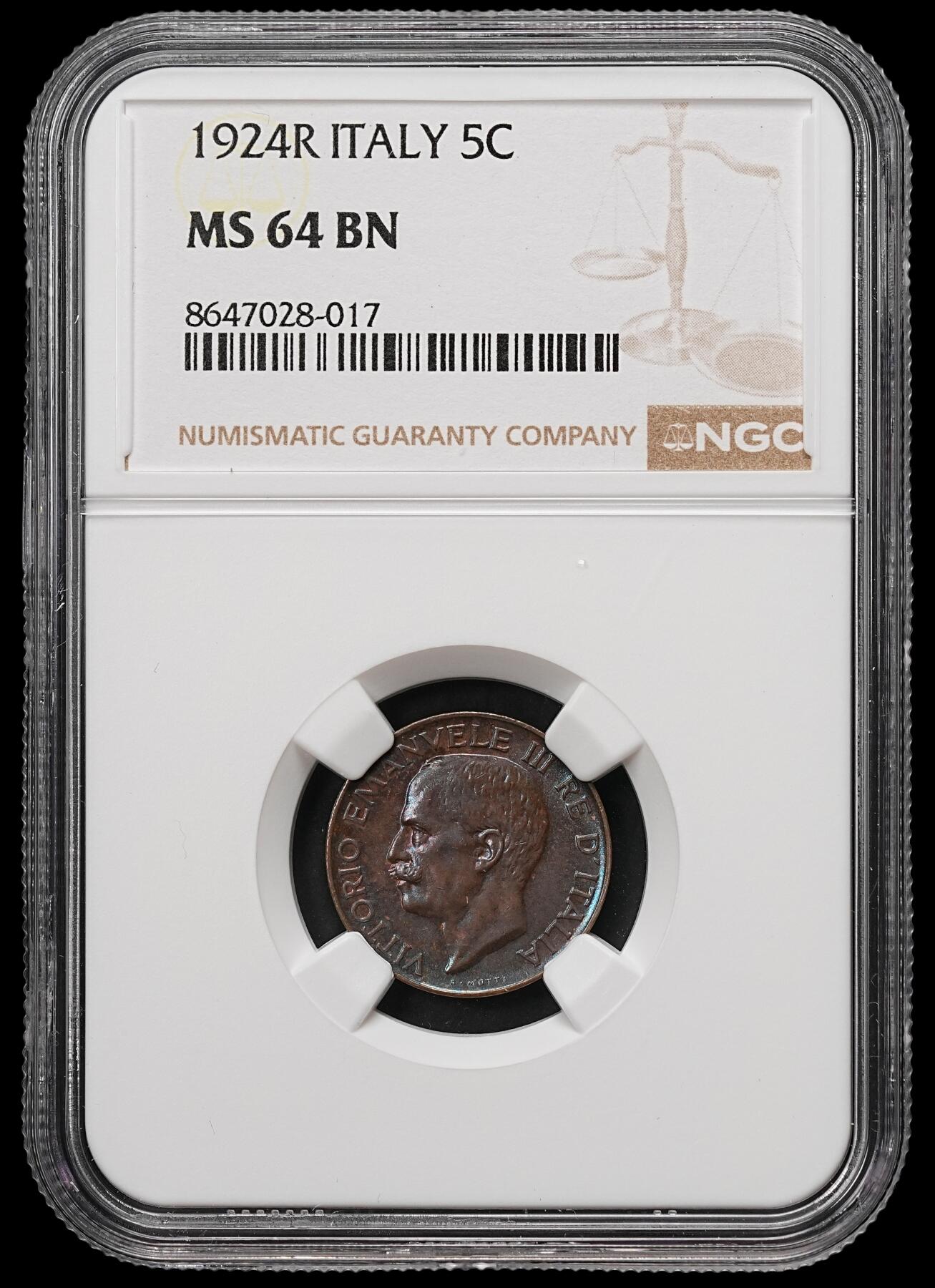 修遠堂世界钱币第109期 NGC MS64BN 1924年意大利5分铜币