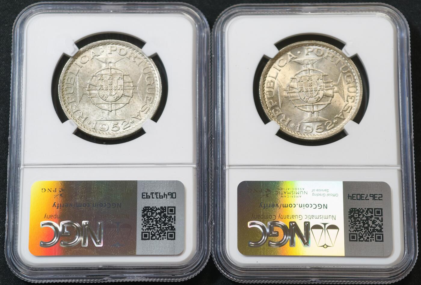 甄臻铺-世界币章拍卖（第56期），送拍享返佣金等优惠多多 NGC-MS65 1952年澳门首发伍圆卷拆高分，两枚一组