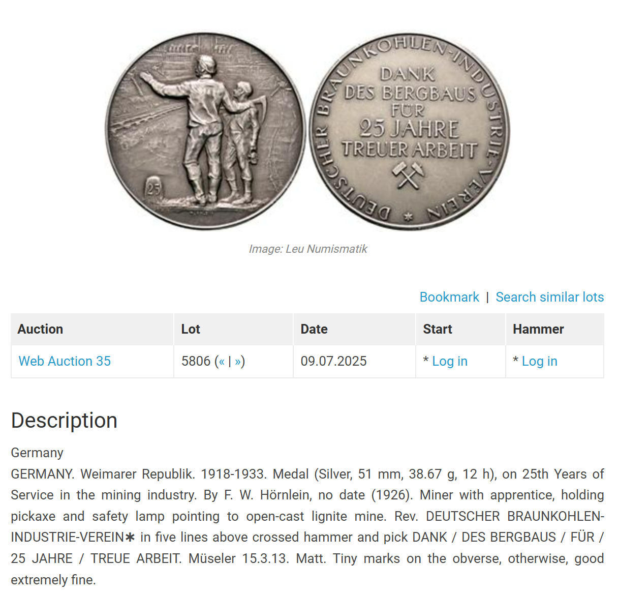 「木头集藏」“春启藏心”——章牌精品专场 Hörnlein～德国褐煤工业协会忠诚服务25周年银章 ，直径：51mm，39.6 g，颁发给入职满25周年的员工作为其忠诚服务的奖励。根据拍卖会记录此章发行于1926年魏玛共和国时期。