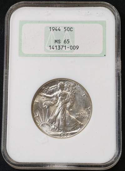 甄臻铺-世界币章拍卖（第56期），送拍享返佣金等优惠多多 - NGC-MS65 1944年美国行走女神半美元，高分，老三明治盒子，质感超级好