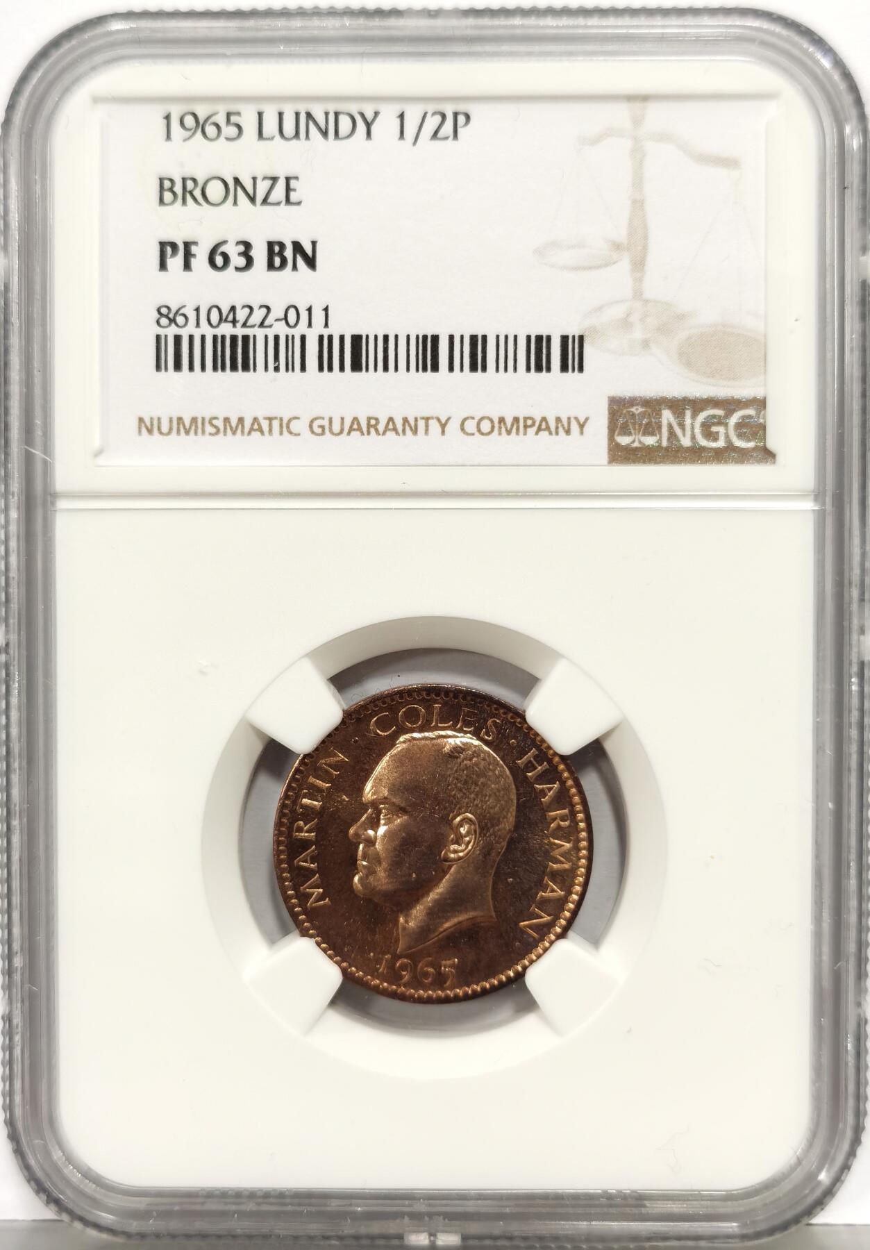 博洋堂“芳菲春韵”3月精品大拍专场暨第166期（全场包邮） NGC PF63BN 英国伦迪岛1965年半普分铜币 稀少