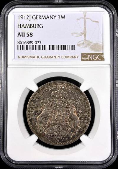 【雨安】【直播拍卖】【第0130期-评级币章】2026-03-28 周六 19:30 (金价981.33, 银价17.11) - [评级德国] Germany 德国 帝国 J.064 汉堡 3马克 (1908-1914) 双狮 1912年  NGC-AU58