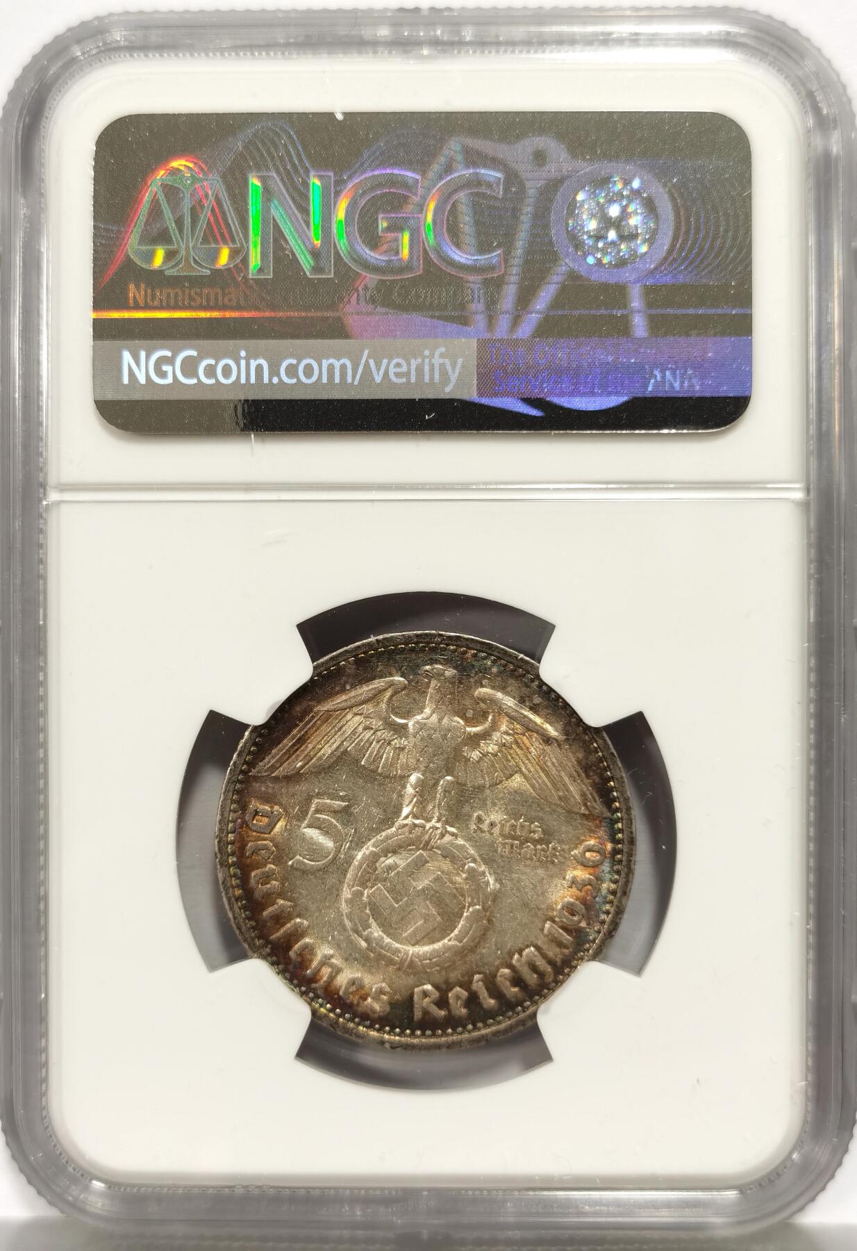 博洋堂“芳菲春韵”3月精品大拍专场暨第166期（全场包邮） NGC MS61 德国1936年E版兴登堡5马克银币 五彩