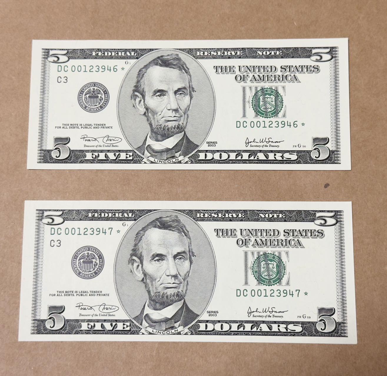 【礼羽收藏】🌏世界钱币拍卖第130期 03年黑白大头5美元补号连号全新unc品相