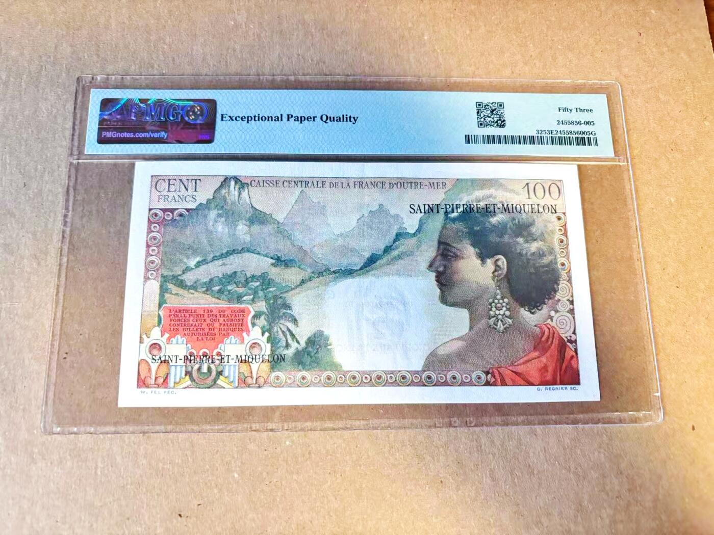 【Blue Auction】世界纸币精拍第799期——18级TOP拍卖/信誉/品质/专业/高效💫 圣皮埃尔和密克隆 1963年2新法郎 裸女 色彩艳丽 PMG53EPQ 近新原票 