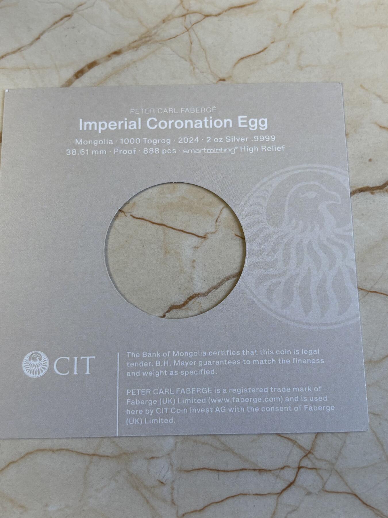 第195期拍卖 蒙古2024年法贝热艺术帝国加冕彩蛋2盎司纪念银币，999银，发行888枚
