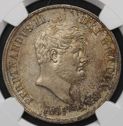 修遠堂世界钱币第109期 - NGC AU58 1857年那不勒斯-西西里王国120 Grana大银币，五彩包浆