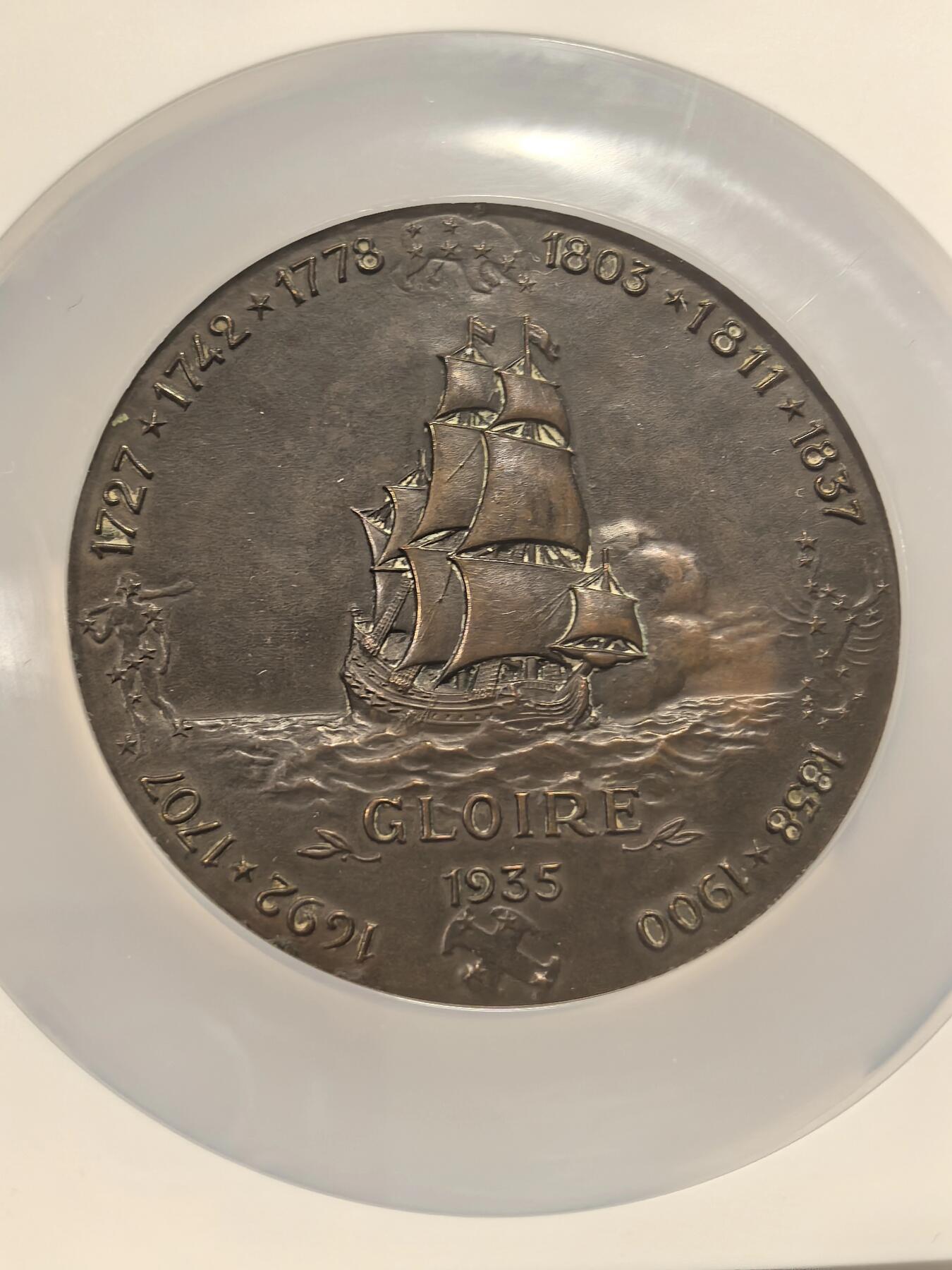 博洋堂“芳菲春韵”3月精品大拍专场暨第166期（全场包邮） NGC MS62BN 法国1935年“光荣号”战舰纪念大铜章，是法国第一艘装甲战列舰，