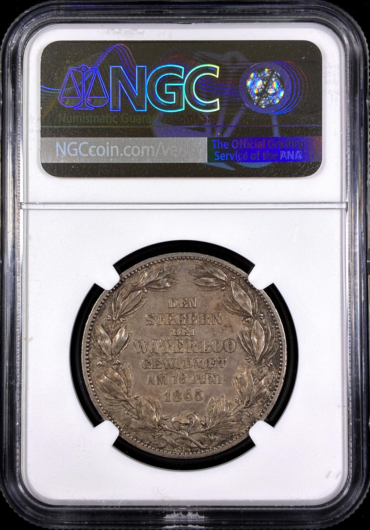 【雨安】【直播拍卖】【第0130期-评级币章】2026-03-28 周六 19:30 (金价981.33, 银价17.11) [评级德国] Germany 德国 德意志 1泰勒 Hannover汉诺威 Thun.176 KM#0241 (1865) 滑铁卢 1865年  NGC-MS61 均匀淡美包浆