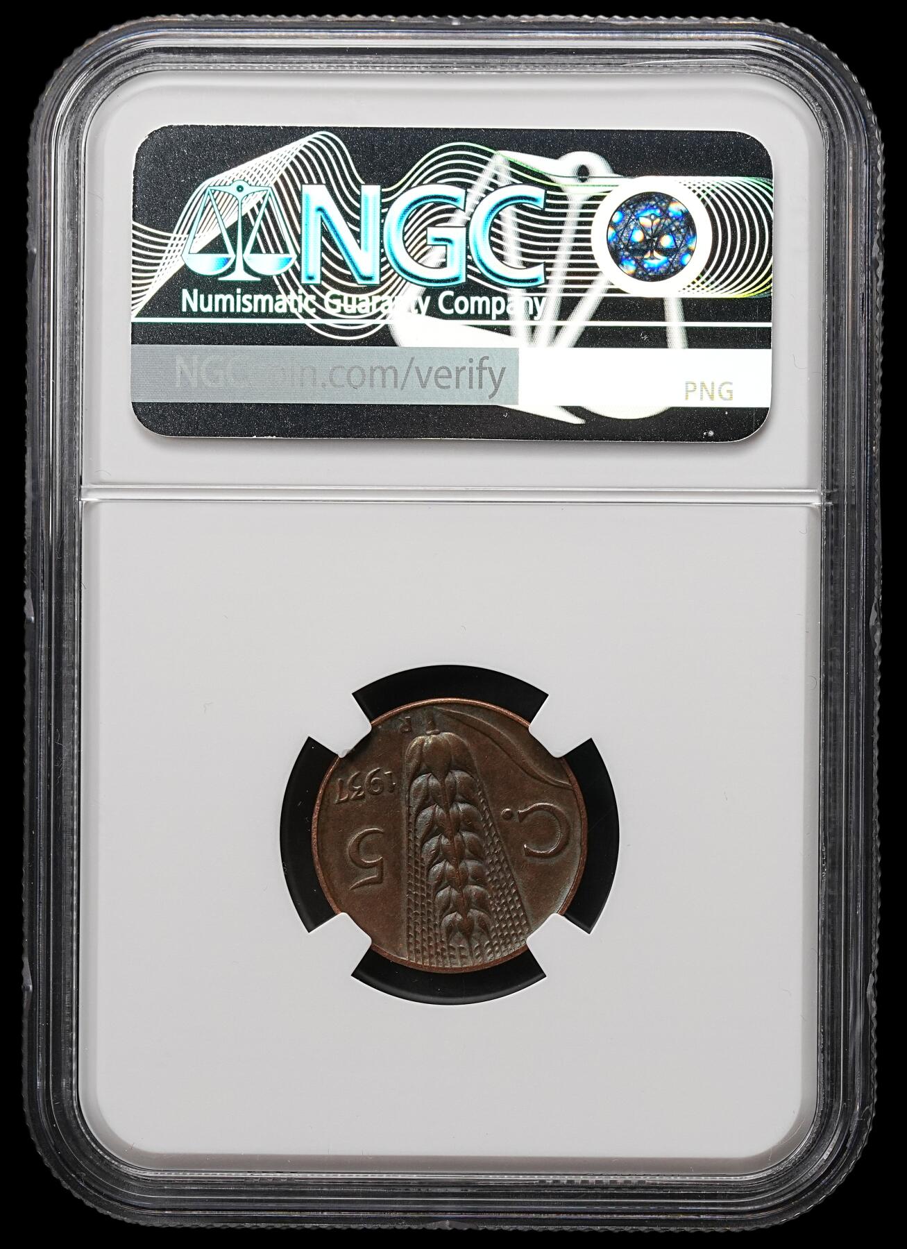 修遠堂世界钱币第109期 NGC AU55BN 1937年意大利5分铜币，最少见年份，大特年