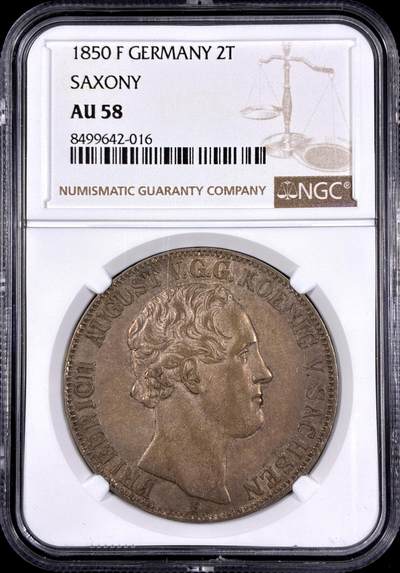 【雨安】【直播拍卖】【第0130期-评级币章】2026-03-28 周六 19:30 (金价981.33, 银价17.11) - [评级德国] Germany 德国 德意志 2泰勒 Saxony萨克森 Thun.322 KM#1149 (1839-1854) 弗里德里希·奥古斯特二世 1850年  NGC-AU58 均匀淡美包浆, 底光光感极强, 完全不输MS