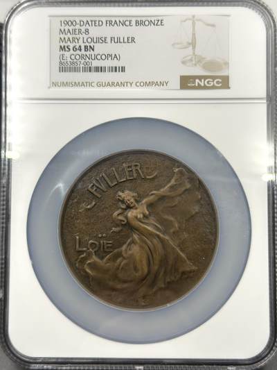 「木头集藏」“春启藏心”——章牌精品专场 - P.Roche～法国SAMF协会8号作品铜章“ 洛伊·富勒”，MS 64 BN，法兰西章牌之友协会（SAMF）1902年发行，直径：55mm，品相绝佳，铜章发行量仅157枚，边铭：丰饶角BRONZE 火蝾螈 限量编号266，正面是洛伊·富勒极具辨识度的纱裙舞姿态，完美还原了她“光与纱共舞”的舞台风格。SAMF协会章是法国新艺术章牌最杰出的代表，历来受到章牌收藏者的追捧。