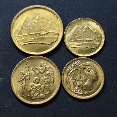 【全场包邮】纯粹捡漏拍514场 - 埃及1975-1984年好品散币4枚一组-金字塔2枚+FAO+FAO妇女年