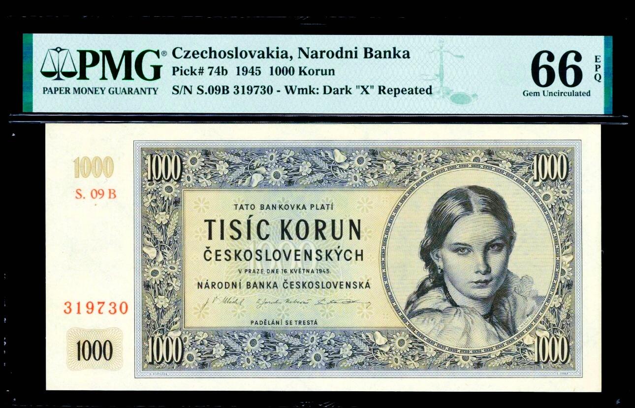 【Blue Auction】世界纸币精拍第799期——18级TOP拍卖/信誉/品质/专业/高效💫 【实钞】捷斯 1945年1000克朗 PMG66EPQ