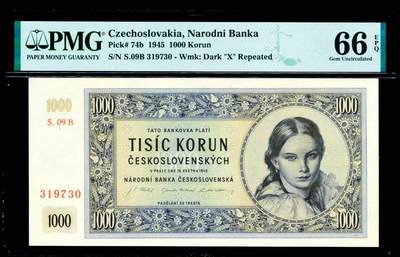 【Blue Auction】世界纸币精拍第799期——18级TOP拍卖/信誉/品质/专业/高效💫 - 【实钞】捷斯 1945年1000克朗 PMG66EPQ