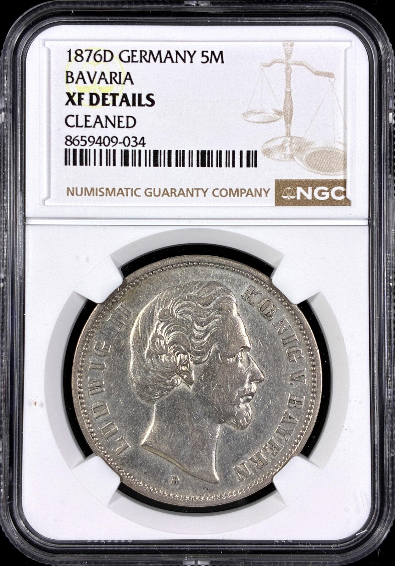 【雨安】【直播拍卖】【第0130期-评级币章】2026-03-28 周六 19:30 (金价981.33, 银价17.11) [评级德国] Germany 德国 帝国 J.042 巴伐利亚 5马克 (1874-1876) 路德维希二世 1876年  NGC-XF