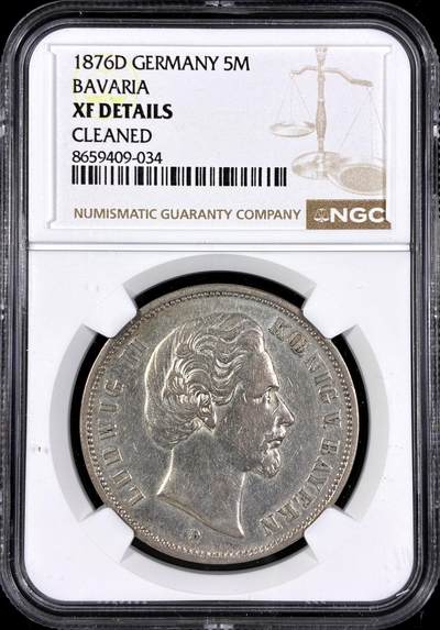 【雨安】【直播拍卖】【第0130期-评级币章】2026-03-28 周六 19:30 (金价981.33, 银价17.11) - [评级德国] Germany 德国 帝国 J.042 巴伐利亚 5马克 (1874-1876) 路德维希二世 1876年  NGC-XF