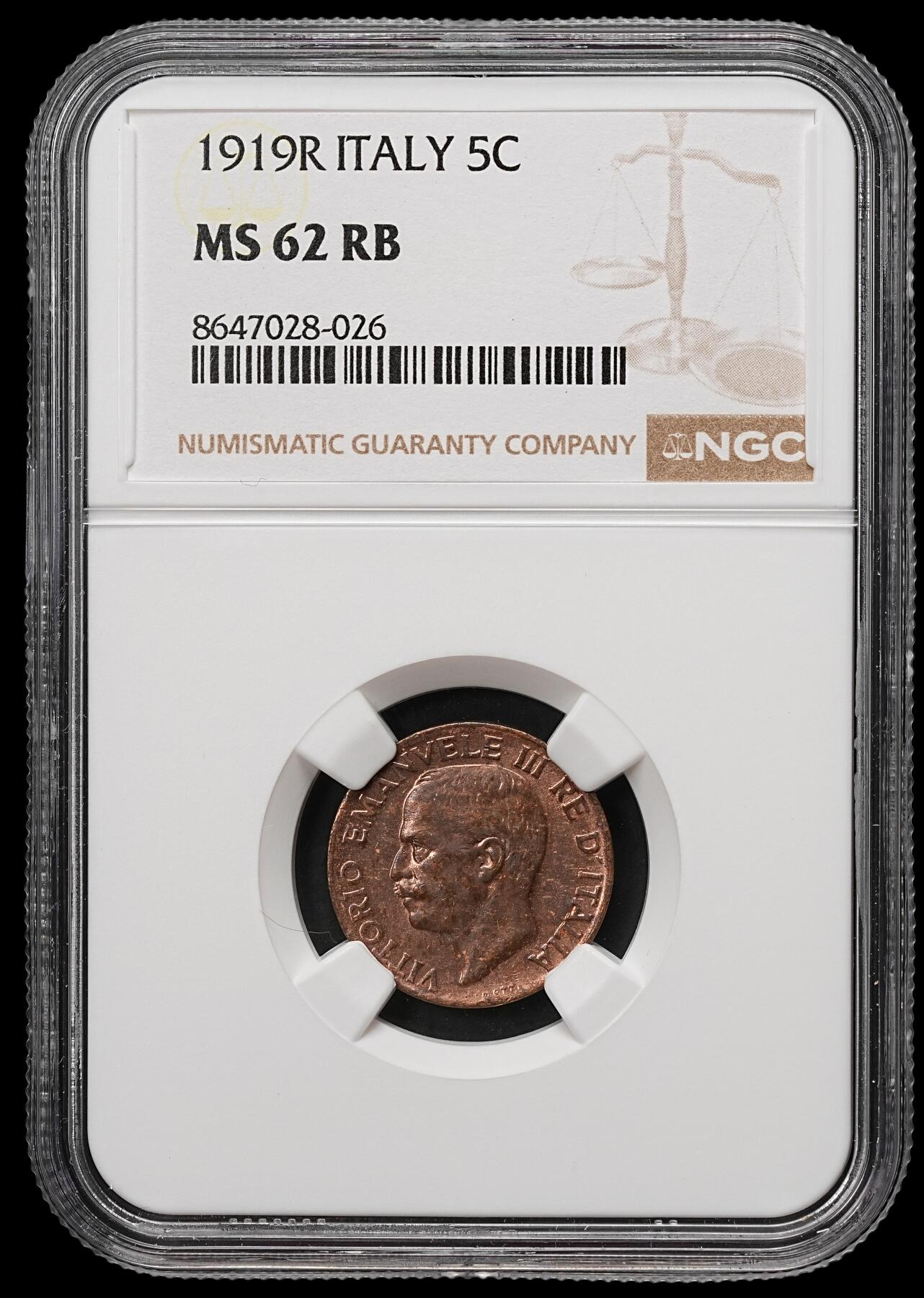 修遠堂世界钱币第109期 NGC MS62RB 1919年意大利5分铜币，稀少的年份，特年