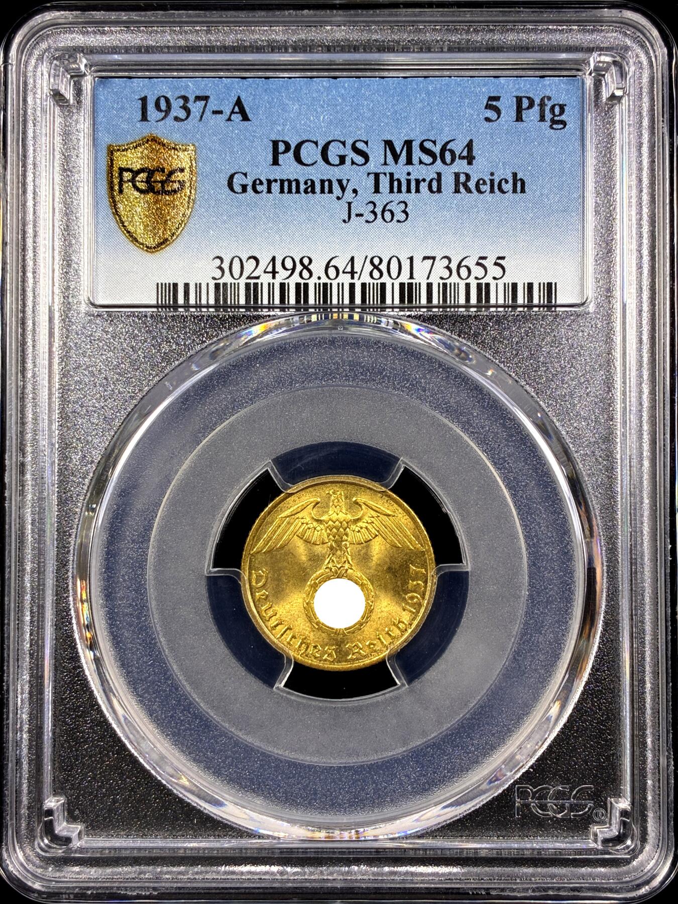 【雨安】【直播拍卖】【第0130期-评级币章】2026-03-28 周六 19:30 (金价981.33, 银价17.11) [评级德国] Germany 德国 第三帝国 5芬尼 1937年  PCGS-MS64