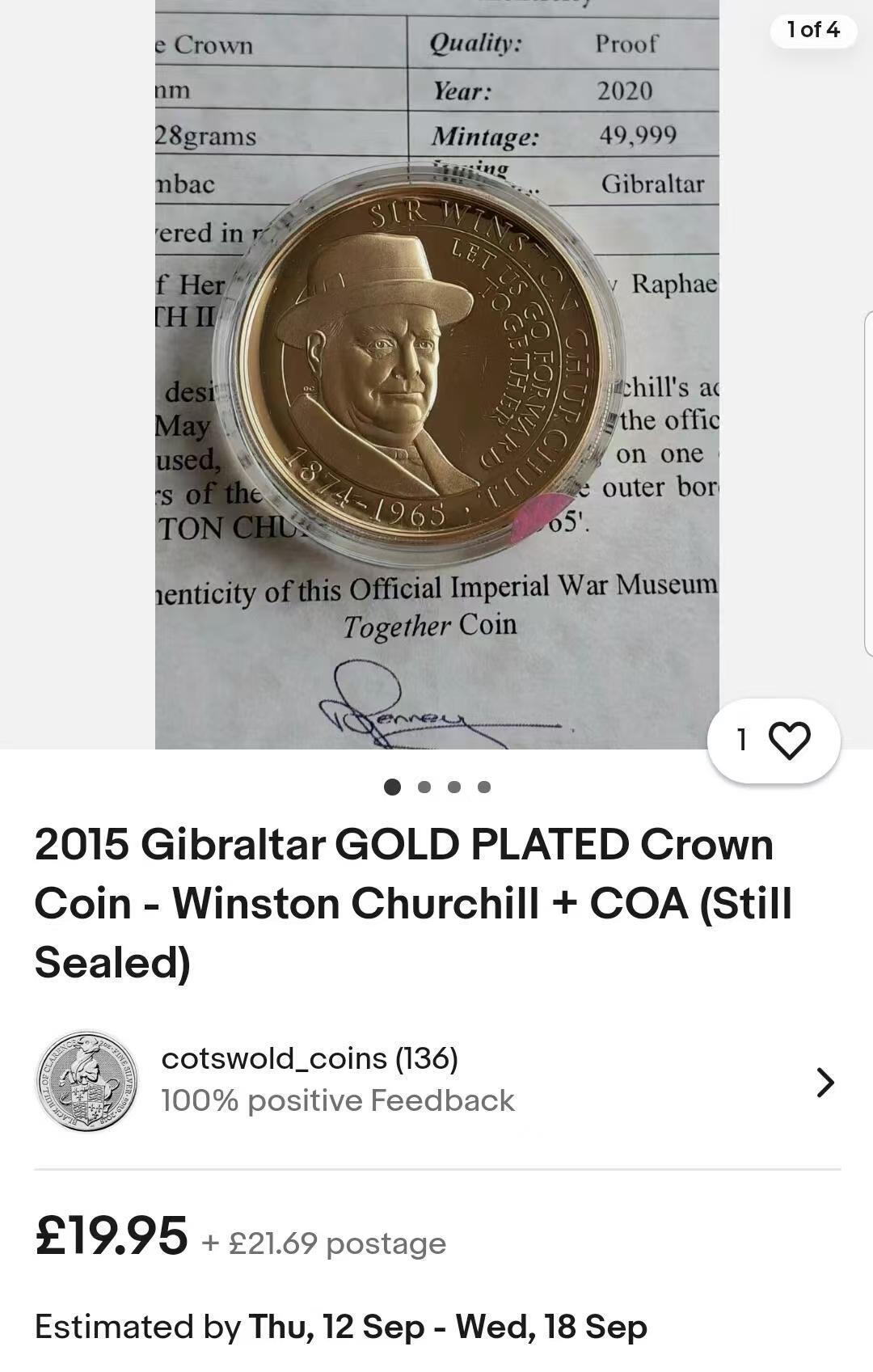 ❤️【币观天下】❤️ 第346期钱币拍卖场- 2026.3.27周五晚上6点半场 长期征集拍品  直布罗陀2020年丘吉尔高浮雕镀金大铜币1