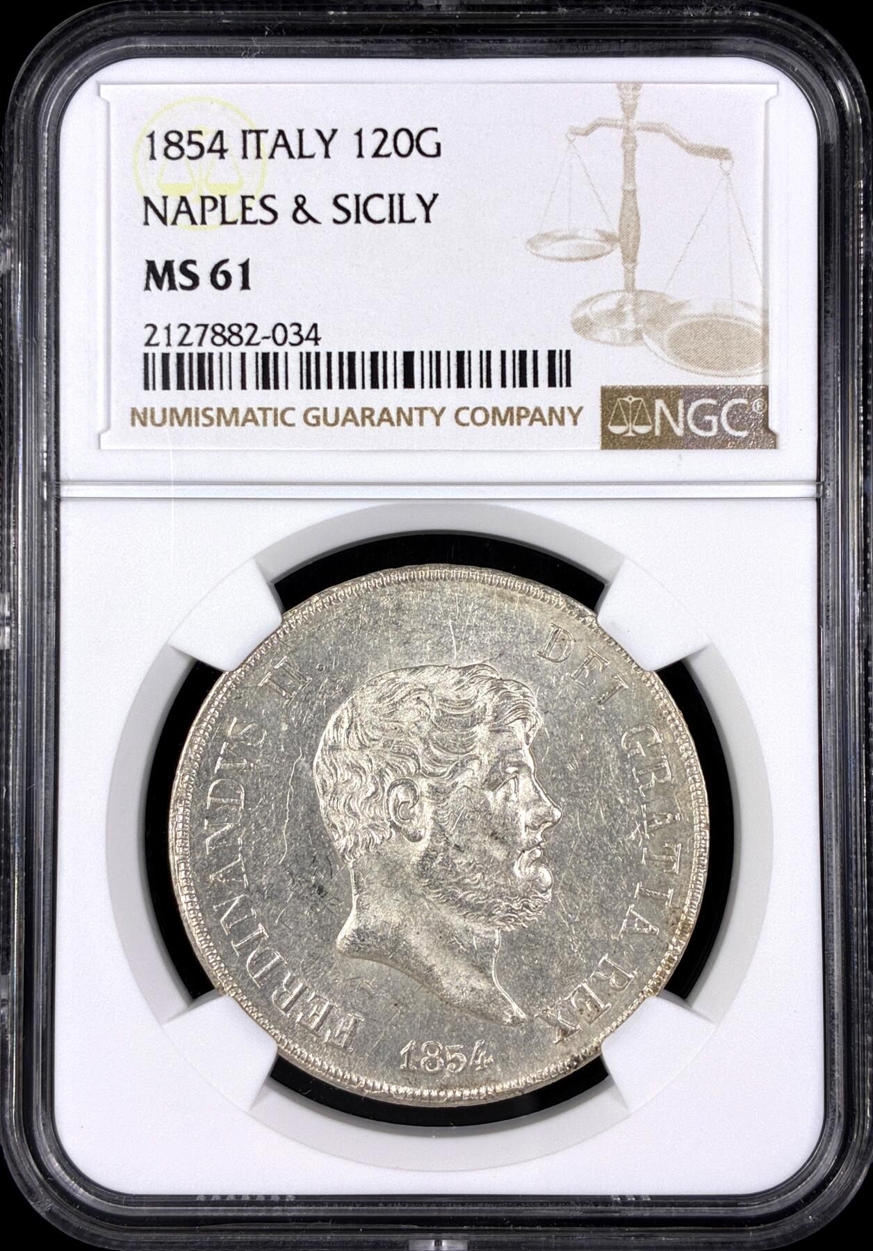 【雨安】【直播拍卖】【第0130期-评级币章】2026-03-28 周六 19:30 (金价981.33, 银价17.11) [评级欧洲] Italy 意大利 Naples&Sicily那不勒斯&西西里 120G KM#0370 (1851-1859) 1854年  NGC-MS61