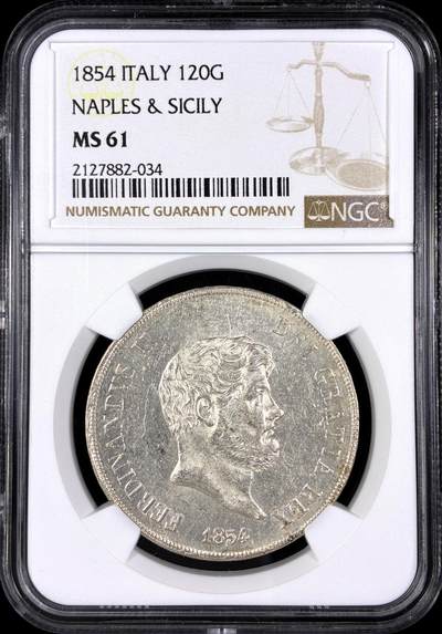 【雨安】【直播拍卖】【第0130期-评级币章】2026-03-28 周六 19:30 (金价981.33, 银价17.11) - [评级欧洲] Italy 意大利 Naples&Sicily那不勒斯&西西里 120G KM#0370 (1851-1859) 1854年  NGC-MS61