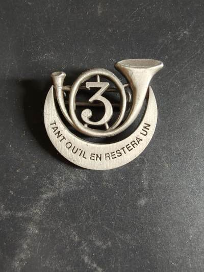 老王徽章第189期 - 法国陆军第3非洲猎兵团证章      非洲第三骑兵团是法国陆军的一支历史悠久的骑兵部队，于 1833 年在阿尔及利亚博纳成立。该团在二战期间驻扎在突尼斯，随后前往德国，并最终回到了其传统驻地阿尔及利亚。