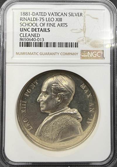 「木头集藏」“春启藏心”——章牌精品专场 -  E. BIANCHI ～1881年梵蒂冈教皇利奥十三世“罗马美术学院”纪念银章，直径：44 mm，背面拉丁语：“青年当以宗教与高尚艺术培育”，“1881年，城中为研习学问而设的学校已就绪”