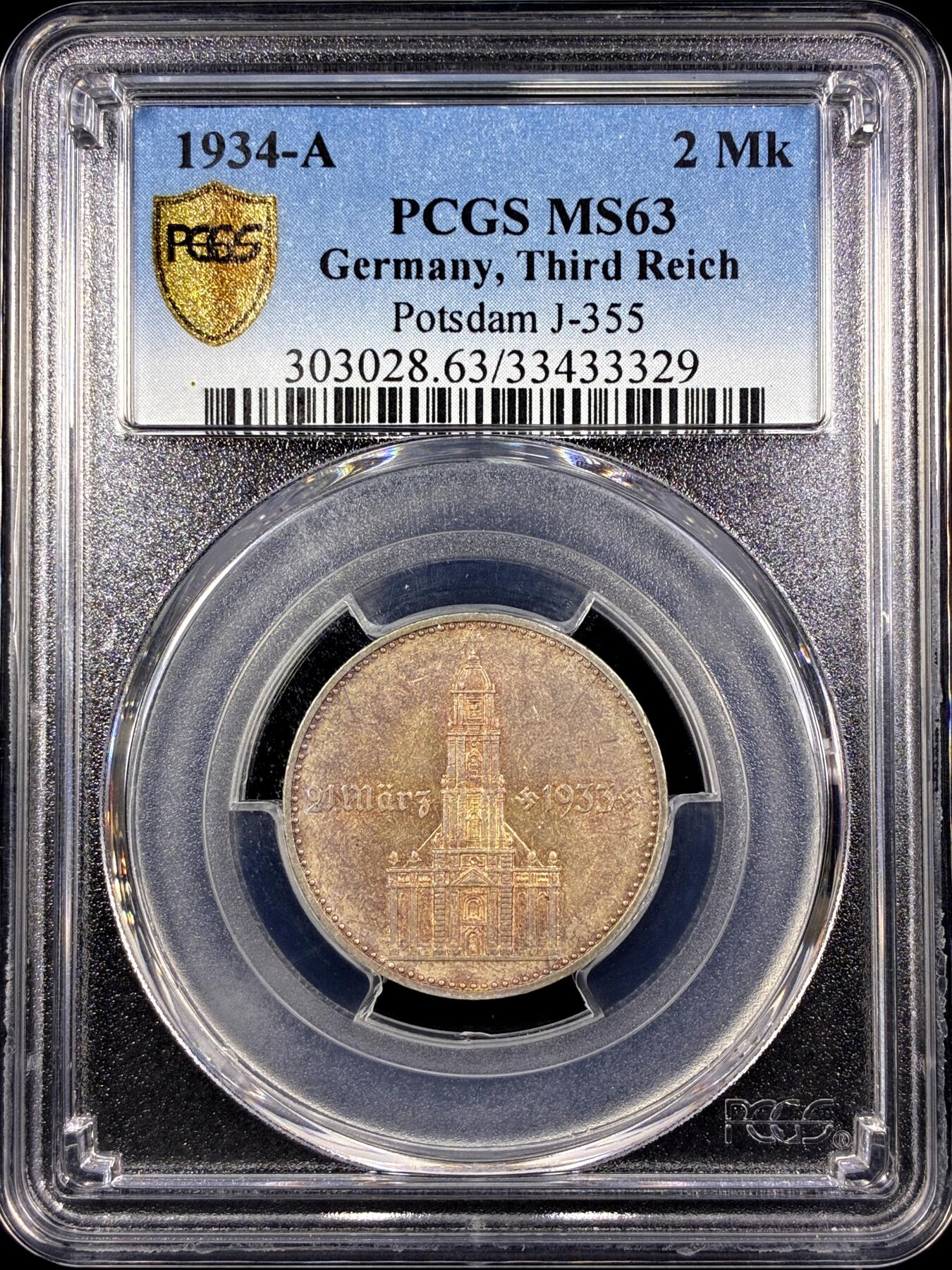 【雨安】【直播拍卖】【第0130期-评级币章】2026-03-28 周六 19:30 (金价981.33, 银价17.11) [评级德国] Germany 德国 第三帝国 2马克 1934年 教堂加字  PCGS-MS63 原味淡彩包浆